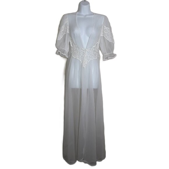 Vtg Val Mode Ivory Sheer Lace Mesh Maxi Negligee Robe S Bridal Old Hollywood - Picture 1 of 10